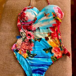 JW one piece halter type swimsuit  XL , multi colored with butterflies NWT.